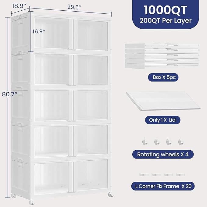 1000Qt Stackable Storage Bins with Lid and Wheel, 250Gal Plastic Closet Organizer and Storage Drawer, Large Collapsible Storage Box Cabinet with Clear Door for Home Kitchen Office, 5Pack White