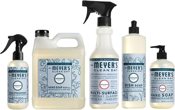 Mrs. MEYER'S Clean Day Snow Drop Scent Variety Pack, Liquid Hand Soap 12.5 Fl Oz, Dish Soap 16 Fl Oz, Multi-Surface Cleaner 16 Fl Oz, Room Freshener 8 Fl Oz,Hand Soap Refill 33 Fl Oz, 1 CT