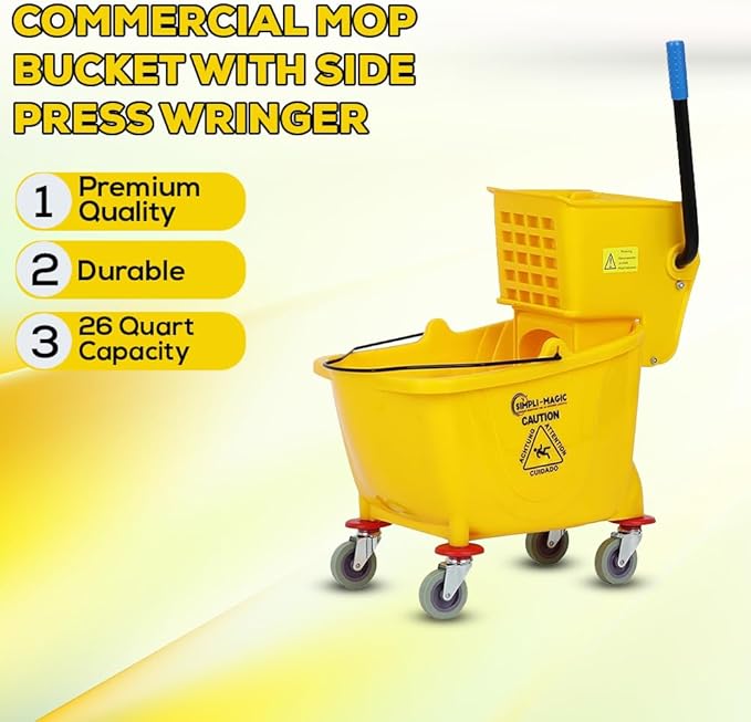 Simpli-Magic 79358 Commercial Mop Bucket with Side Press Wringer, 26 Quart, 14.75"L x 12.95"W x 19.95"H, Yellow