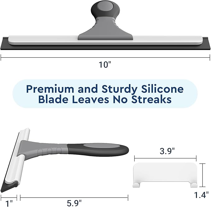 All-Purpose Silicone Shower Squeegee for Glass, Window, Door, Mirror, Car Windshield & Tile Wall, Portable Cleaner Tools, Includes One Hook & One Adhesive,10 Inches (Gray)