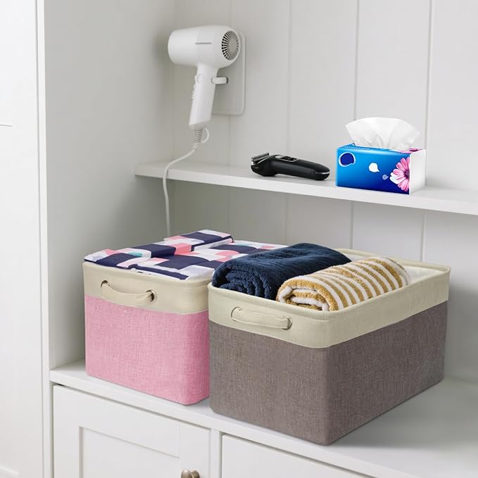 BALEINE 3 Pack Fabric Storage Bins for Shelves, Linen Storage Baskets for Organizing, Decorative Closet Bins for Clothes, Home (Brown, 15"x11"x9.5") ﻿