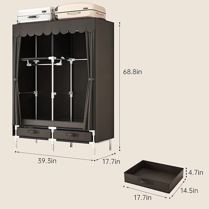 Portable Wardrobe Closet for Bedroom, Small Storage Organizer with 2 Drawers and 2 Hanging Rods, Includes Dust Cover.(Brown, 39.3 in)