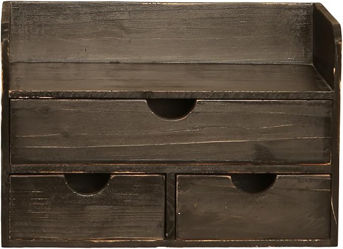 Vintage Rustic Wooden 3 Drawer with Shelf Office Desk Organizer & Mail Rack For Desktop,makeup holder Box for Office Home Toiletries Supplies Vanity, No Assembly Required (Rustic Black)