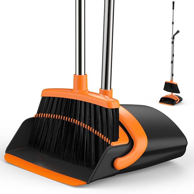 Broom and Dustpan Set for Home, 51-in Long Adjustable Handle Angle Broom and Dustpan Combo Set with Dust Pan Teeth to Clean Hair for Home Kitchen Office Lobby Floor Garden, Black Orange