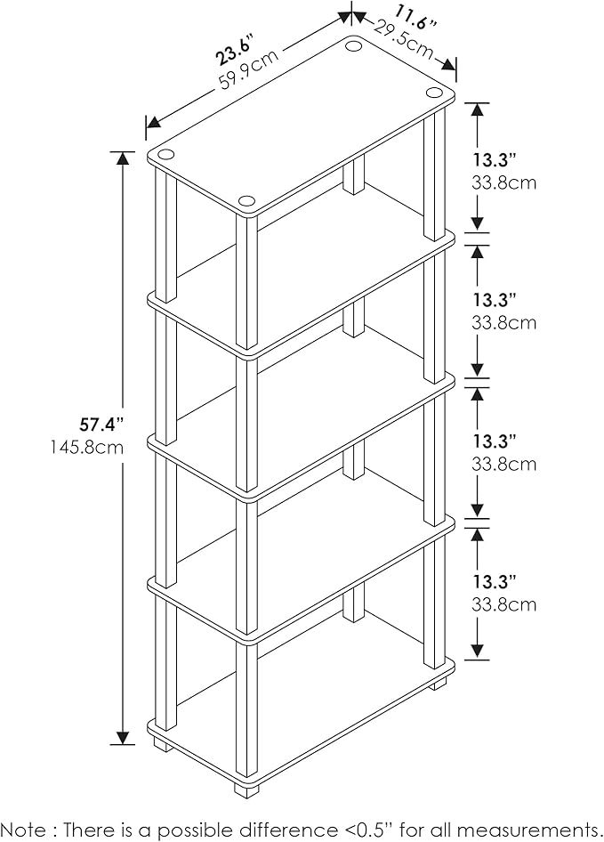 Furinno TURN-S-TUBE Book Shelf, 5-Tier Toolless Storage Shelves with Square Tubes, Shelving Unit for Organization and Storage for Living Room, Home Office, Walnut