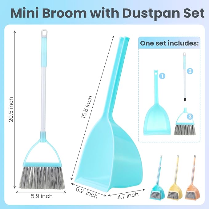 Roshtia 3 Pcs Mini Broom with Dustpan for Kids Broom and Dustpan Set Toddler Cleaning Set Boys Girls Small Cleaning for Kitchen Bathroom Pet (Yellow,Red,Green)