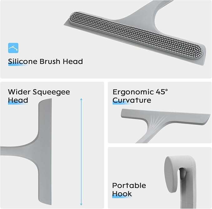 10.7“ Wide All-Purpose Shower Squeegee for Glass Doors, Squeegee for Shower Glass with Hook, Window Squeegee with Double-Ended Gap Brush Set for Shower, Bathroom, Car Glass, Mirror (Gray)