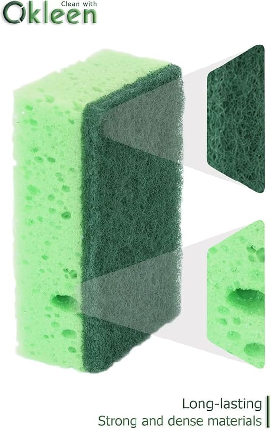 Green Multi Use Scrub Sponge. Made in Europe. 18 Pk, 4.3x2.8x1.4 inches. Odorless Heavy Duty and Non Scratch Fiber. Thick, Durable and Delicate Scrubber for Pans, Bowls, Jars, Sink, Floor