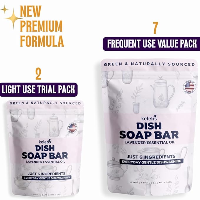 KELEBS 7 Dish Soap Bars | Lavender Essential Oil Formula | Natural & Organic Ingredients | Gentle on Hands | For Plant-Based Kitchens & Light Dishwashing | Biodegradable | No Overpour | Value Pack