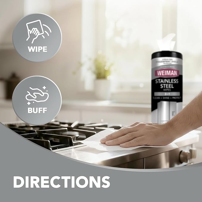 Weiman Stainless Steel Cleaner & Polish Kit, 1 Wipes & Cloth, Anti-Fingerprint, Removes Grease, Water Spots, Streaks & Residue, Polishing Cleaner Safe for Appliances, Chrome, Sinks & Grill Exteriors