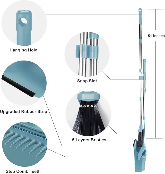 Upgrade Broom and Dustpan Set, Broom with Dustpan Combo Sets, Large Brooms and Dust Pan with Handle, Self-Cleaning Dust Pans, Heavy Duty Broom and Dustpans Set for Lobby Kitchen Office - Green