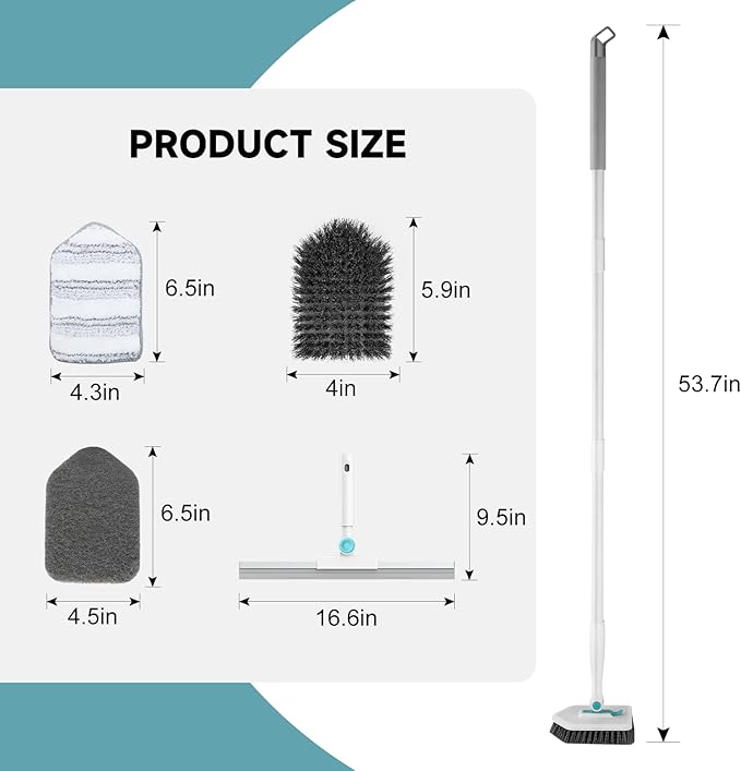 nacena Shower Scrubber with Long Handle, 4 in 1 Tile Tub Scrubber Brush with 3 Detachable Cleaning Shower Heads and Floor Squeegee Shower Cleaner Brush for Bathroom Kitchen Tub Sink Floor, Blue White