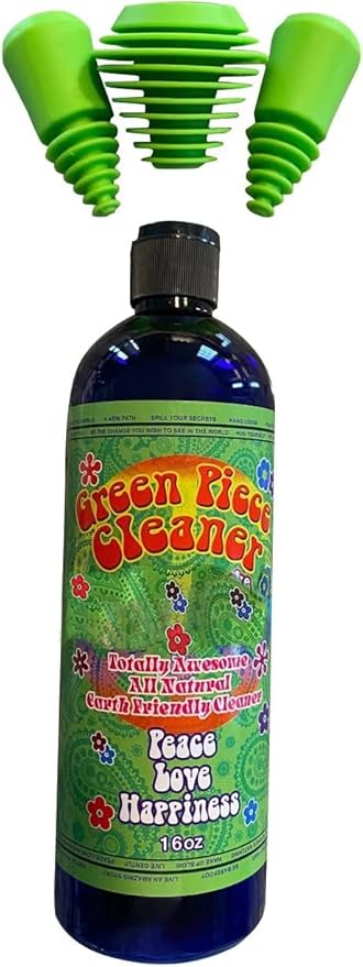 Green Piece® Glass Cleaner 16 oz Bottle with Set of 3 Silicone Plugs (Made in USA) - Excellent for Scent Proofing and Cleaning