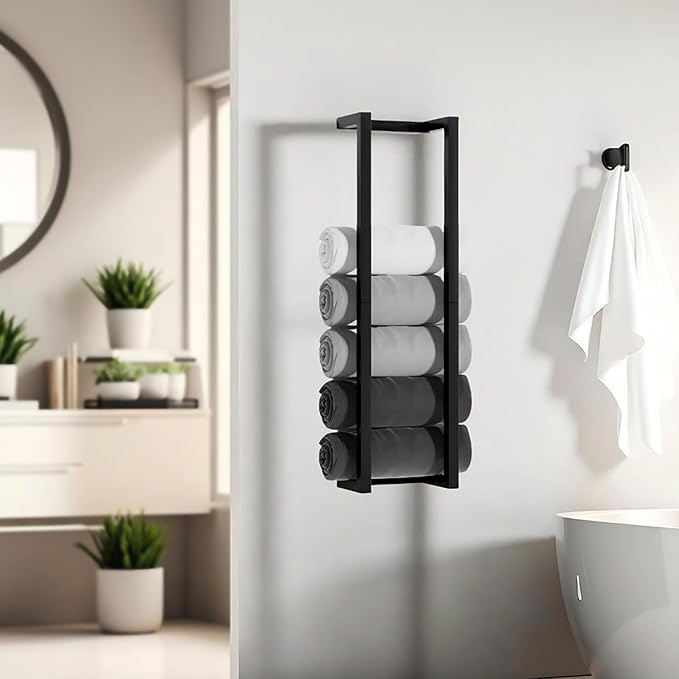 Towel Racks for Bathroom,304 Stainless Steel Towel Storage Racks for Rolled Bath Towels Can Hold 6 Large Towels,Wall Mounted 30 Inch Bathroom Organizer for Small Space Black Towel Holder