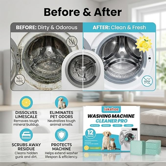 Washing Machine Cleaning Tablets: Powerful Deep Cleaning for Front Loader & Top Load Washer Machines - Clean Inside Drum and Laundry Tub Seal (12 pieces)