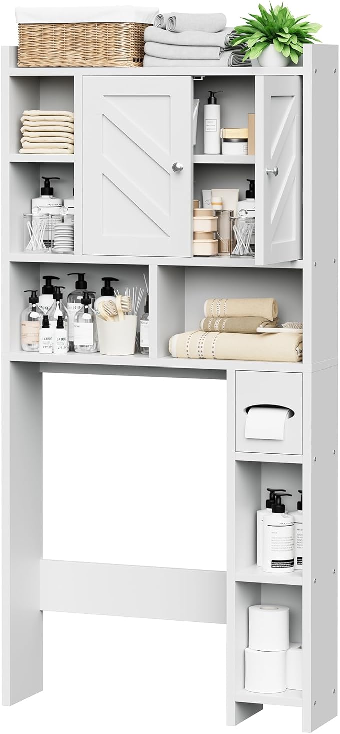 Meilocar Over the Toilet Storage Cabinet, Freestanding Storage Cabinet Over Toilet, Bathroom Storages Organizer Cabinets with Toilet Paper Holder Stand and Adjustable Shelf, White