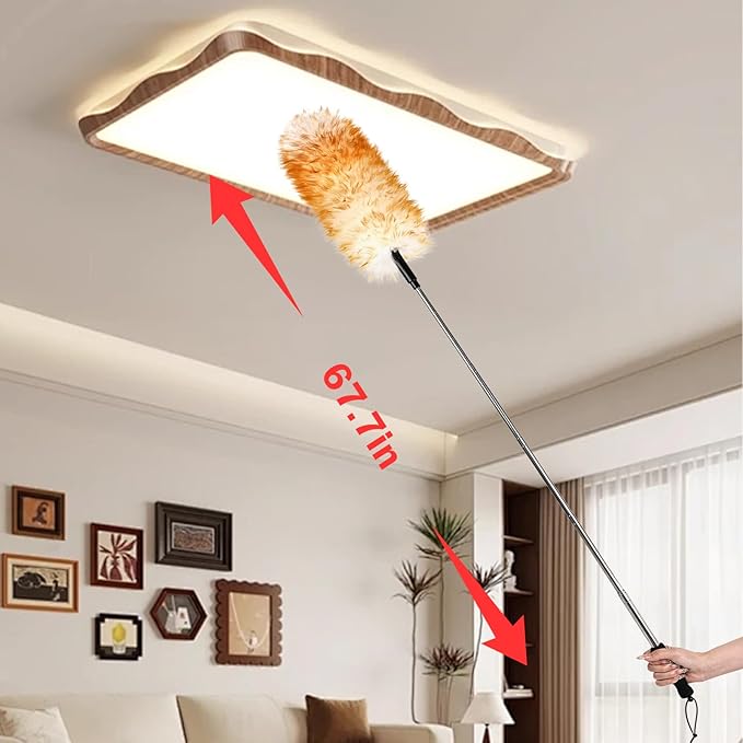 Extendable Cleaning Duster,66.9Inch Telescoping Feather Dusters with Stainless Steel Extension Pole for Cleaning High Ceiling Fan, High Ceilings,Furniture