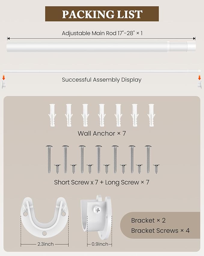 Closet Rod 17-28 IN, Heavy Duty Closet Rods for Hanging Clothes, Adjustable Closet Rods for Wardrobes Storage Laundry RV Bathroom, Easy Install, White
