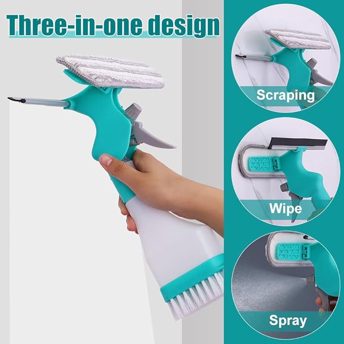 DONGKER 4 in 1 Window Cleaning Kit,Multifunction Window Cleaner Tool with Spray Bottle Squeegee & Microfiber Washer Head for Indoor Outdoor Glass Shower Car