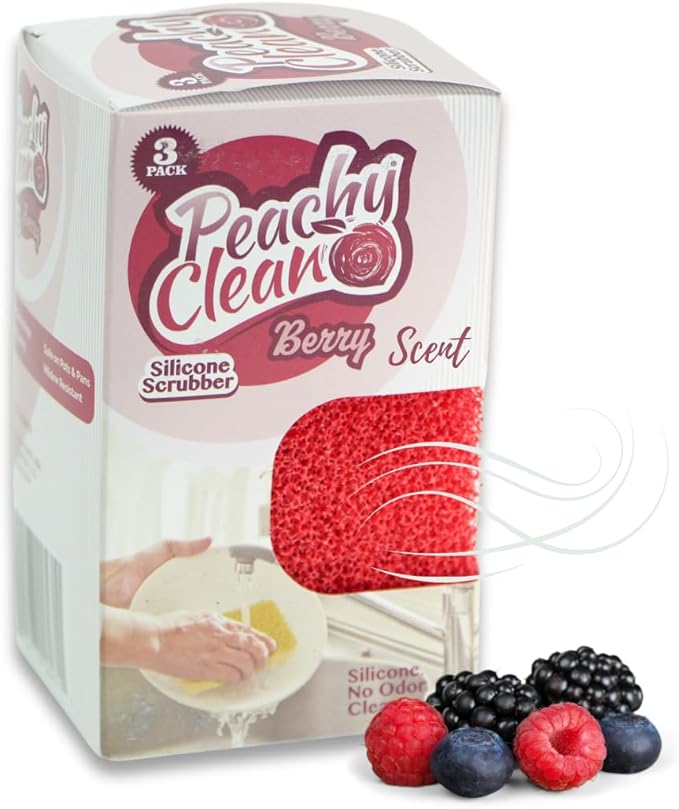 Peachy Clean Silicone Dish Sponge Scrubbers, Fresh Berry Scent, Non-Scratch, Odor-Resistant, Durable Dish Sponges for Kitchen 3pk