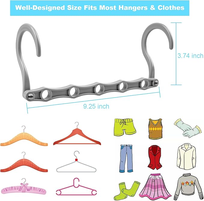 DUCOO Space Saving Hangers 10 Pack, Heavy Duty Magic Cascading Hanger Organizer with 5 Enclosed Anti-Slip Holes, Closet Organizers and Storage for Clothes, College Dorm Room Essentials, Gray