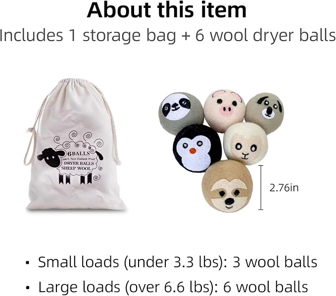 Natural Wool Dryer Balls XL 6-Pack - 100% New Zealand Wool, Reusable Eco-Friendly Fabric Softener, Reduces Wrinkles, Static & Drying Time, Chemical-Free Alternative to Dryer Sheets(LPWB-02)