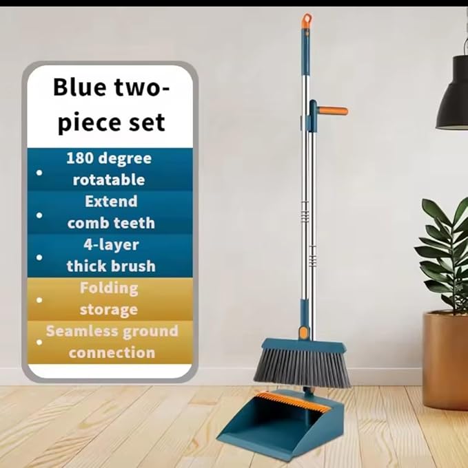 Broom and Dustpan Set, Blue, 2-Piece, 180 Degree Rotatable, Extendable Handle up to 53 Inches, 4-Layer Thick Brush, Comb Teeth, Folding Storage