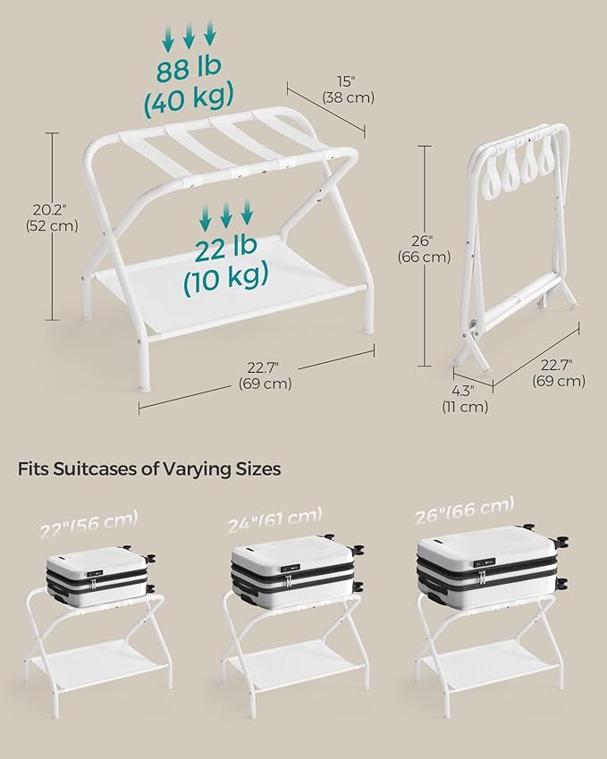 SONGMICS Luggage Racks, Set of 2, Suitcase Stand with Fabric Storage Shelf, for Guest Room, Bedroom, Hotel, Foldable, Holds up to 110 lb, 27.2 x 15 x 20.5 Inches, Cloud White RLR002W02