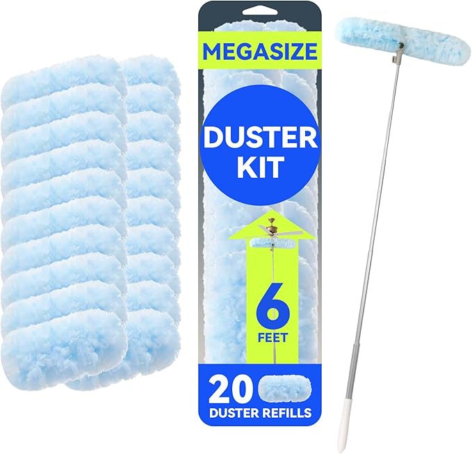 6 ft Duster Extended Handle with 20 Pcs Duster Refill for Swiffer, Duster with Extension Pole, Heavy Duty Duster Refills Kit for Ceiling Fan Blades, Cleaning, Furniture, Blind, Hard-to-Reach Areas