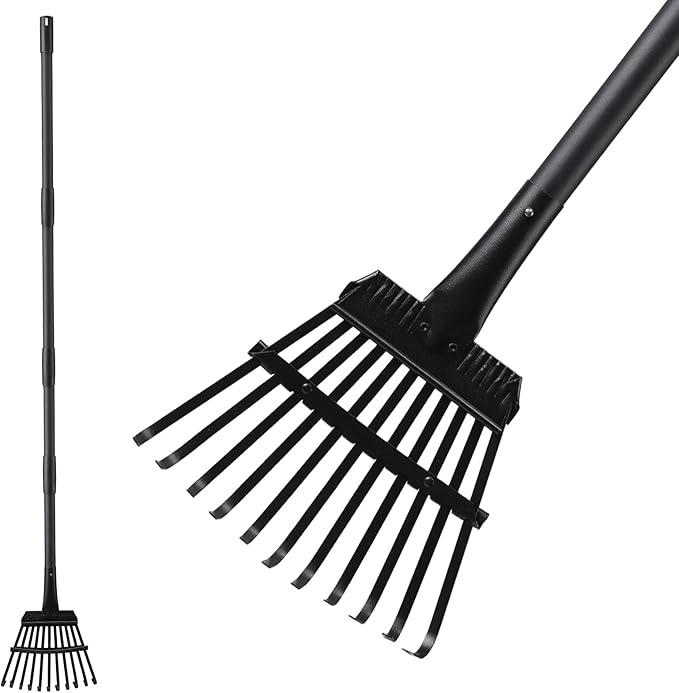 Small Rake for Leaves, 11 Metal Tines Narrow Leaf Rake, 60'' Leaf Rakes for Lawns with Adjustable Steel Handle for Camping Flower Beds Mulch Shrub, Black