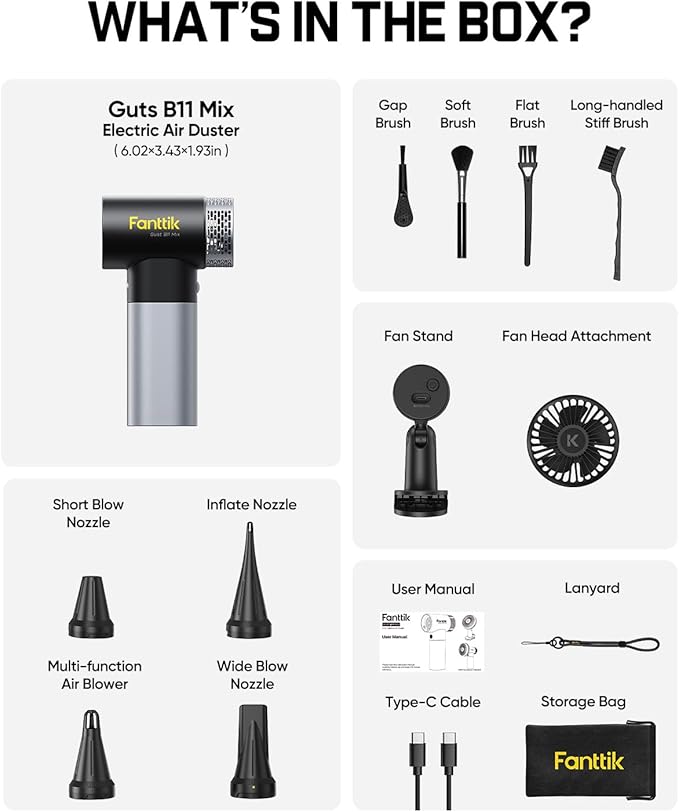 Fanttik Gust B11 Mix 2-in-1 Electric Air Duster & Fan, Dust Blower, 110000RPM Brushless Motor, Compressed Air Duster, 100 Stepless Gears, One-tap Booster, Electric Duster for PC, Electronics, Outdoor