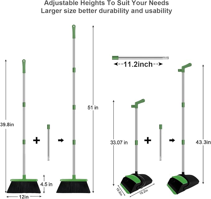 Green Broom with Dustpan Combo Set, 51" Long Handle Household Cleaning Tool, Ideal Broom and Dustpan Set for Pet Hair and Home Use