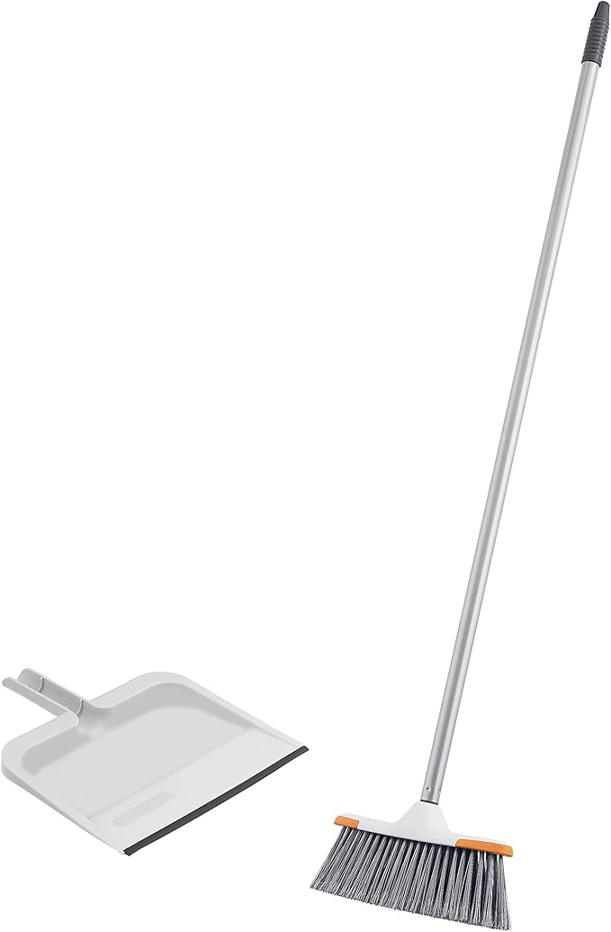 Superio Angle Broom and Clip-On Dustpan Set, Slim Hand Broom Telescopic Handle 53 Inches Tall, Clip On Dust Pan with Low Edge Rubber Lip