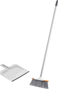 Superio Angle Broom and Clip-On Dustpan Set, Slim Hand Broom Telescopic Handle 53 Inches Tall, Clip On Dust Pan with Low Edge Rubber Lip