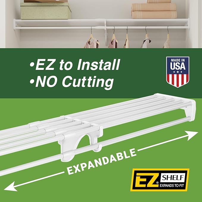 EZ Shelf - DIY Expandable Closet Shelf (NO Hanging Rod) - 40.5” to 73” - White - Easy to Install to 2 Sidewalls -(EZS-SW72)- Wire Closet Shelving Alternative