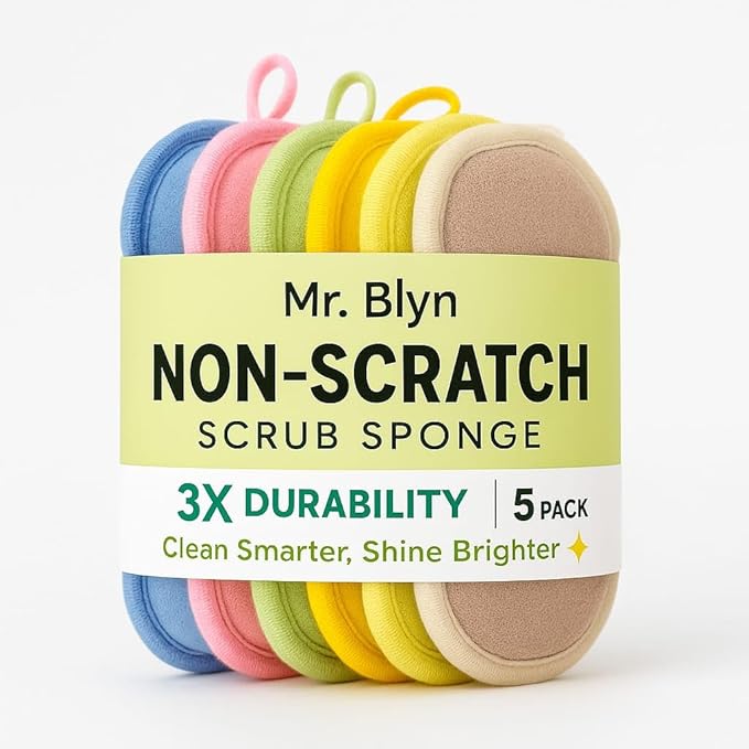 Mr. Blyn Non-Scratch Scrub Sponges for Kitchen – 5 Pack | 3X Durability Cleaning Pads | Colorful Reusable Sponge Set for Dishes, Pots & Household Use