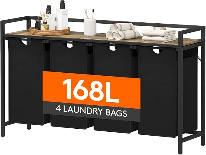 Lifewit Laundry Hamper 4 Section, 168L Pull out Laundry Clothes Basket Organizer with Large Top Shelf and 4 Removable Bags and Handles for Laundry Room Bedroom Bathroom, Black with A Shelf