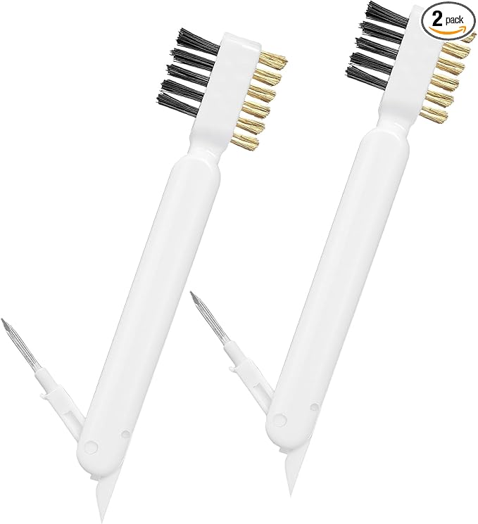 2Pcs Kitchen Cleaning Scrub Brush, 4 in 1 Deep Gas Stove Brass Wire Brush with Stiff Bristles and Cooktop Scraper Stainless Steel Scrubber for Range Hood Grease Grime Rust Cleaner Pot Pan