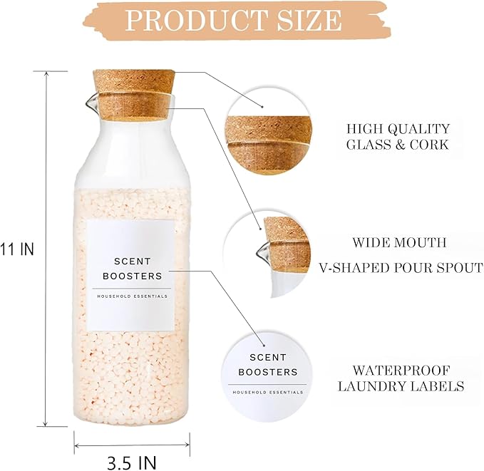 Glass Laundry Detergent Dispenser Set with Cork Lids, Fabric Softener Dispenser, Easy Pour 3 Pack Laundry Bottles, Liquid Detergent Containers, Scent Booster & Bleach Container for Laundry Room