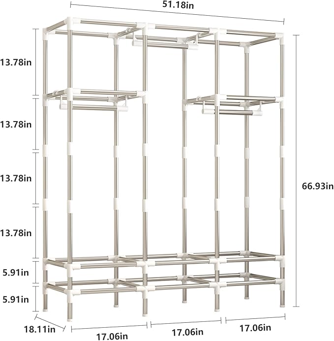 Portable Armoire Wardrobe Closet with 3 Drawers and 3 Hanging Rods,Cloth Closet Wardrobe Cabinet for Hanging Clothes,Grey Cover,for Clothing,Bedding,51 in Width