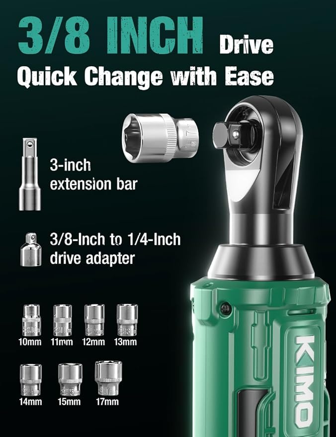 KIMO 20V Cordless Ratchet Wrench 3/8, 89Ft-lbs 400RPM Electric Ratchet Wrench Set with Variable Speed, 2x2.0Ah Battery Ratchet, LED Light, 7Socket, 3/8" to 1/4" Adapter, 3" Extension Bar, Fast Charger