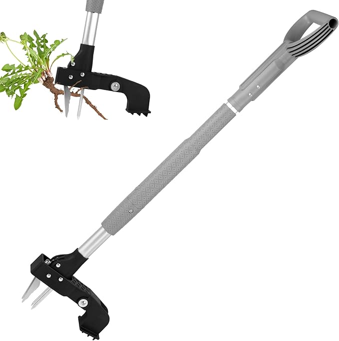 Weed Puller Tool,Gardening Stand Up Weeding Tool with 40" Long Handle Heavy Duty,4-Claws Manual Weeder Remover,Weeder Root Without Bending for Dandelion Gardening Yard Patio（Grey）