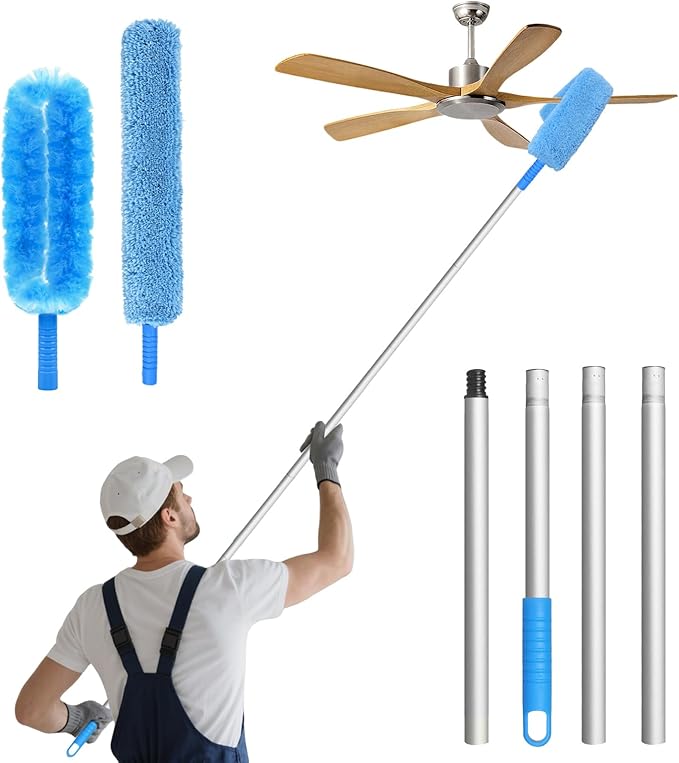 Eunice 13-49.7 Inches Ceiling Fan Duster with Extension Pole, U-Shape and Coral Fleece Heads Adjustable and Removable Fan Cleaner Blade for High Ceiling, Window Door Furniture (Blue)