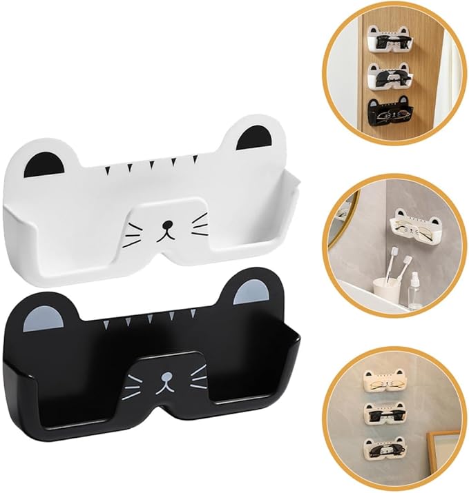 SEWACC 2pcs Cat Design Wall-Mounted Glasses Organizer Plastic Eyewear Storage Box with Hanging Holder for Sunglasses and Eyeglasses in Black and White, Suitable for Bedroom and Bathroom