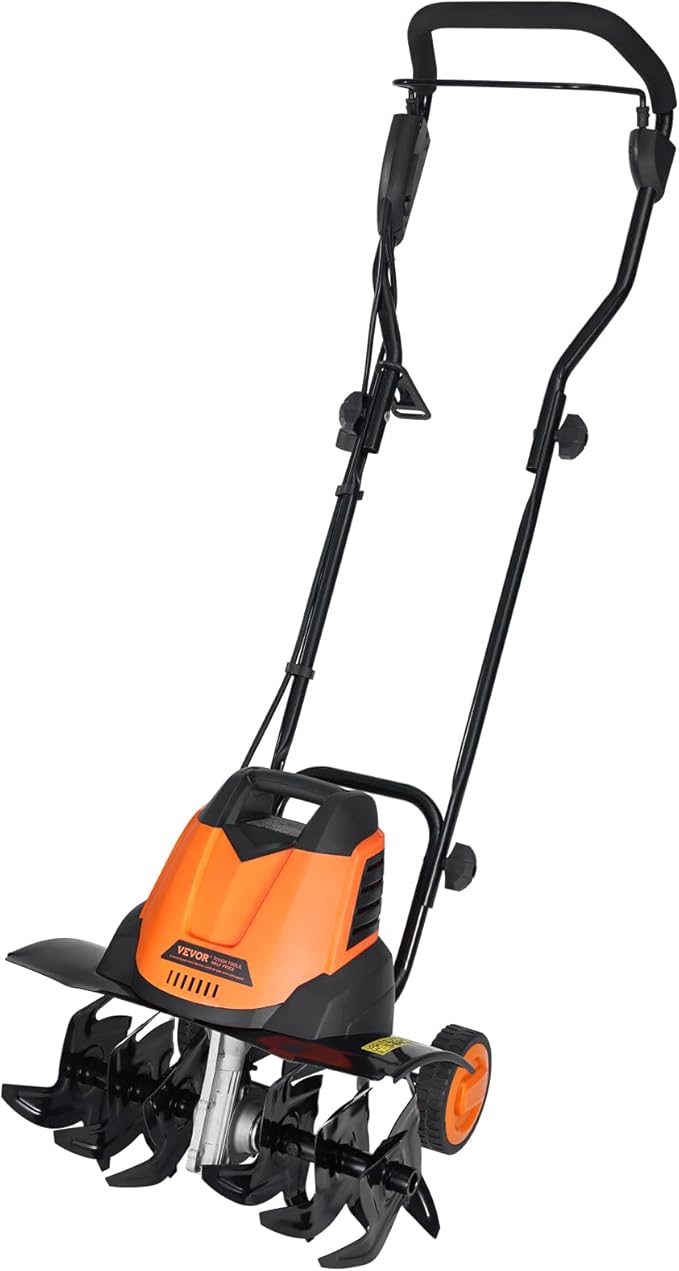 VEVOR 12 Amp Electric Tiller, 18" Tilling Width & 3.94" Tilling Depth, Corded Electric Cultivator with Adjustable Wheels, Steel Mn Tines, Rototiller for Garden Lawn Easy Soil Digging Cultivation