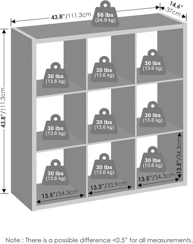 Furinno Simple Cube Storage Organizer, 9-Cube Display Shelf, Open Back Shelving Unit, Storage Shelves, Extra Thick Frame, for Organization and Storage, Living Room, Home Office, Light Grey