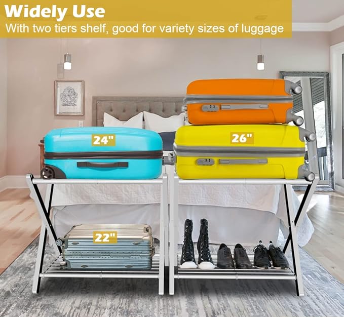 mocomax 1 Pack Folding Luggage Rack for Guest Room, Foldable Suitcase Stand Holder with Metal Storage Shelf for Bedroom, Living Room, Hotel Essentials, Heavy Duty Steel Frame, White