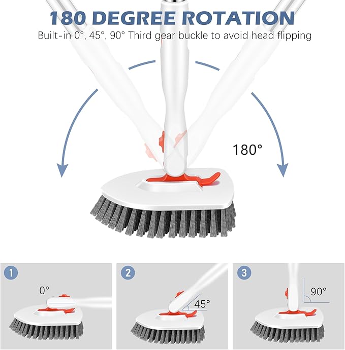 SetSail Floor Scrub Brush, 3-In-1 Tile Tub Floor Scrubber with 52-inch Adjustable Long Handle Shower Cleaner and 3 Detachable Replacement Brush Heads for Cleaning Bathroom Kitchen Walls Tub Tile