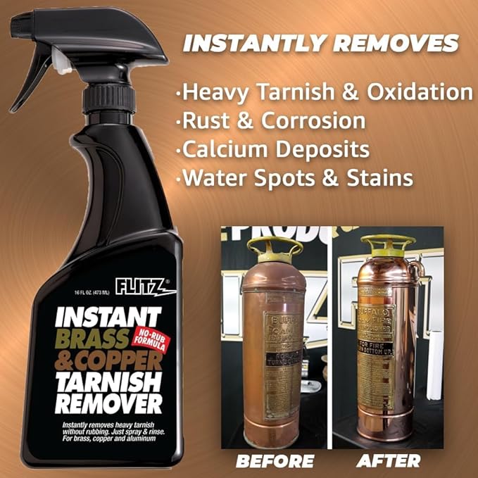 Flitz Instant Brass and Copper Tarnish Remover - 16oz Bottle of USA-Made Organic Rust Remover Spray (No-Rub) - Removes Stains & Oxidation from Glass & Aluminum - Brass Cleaners That Work (1 Pack)