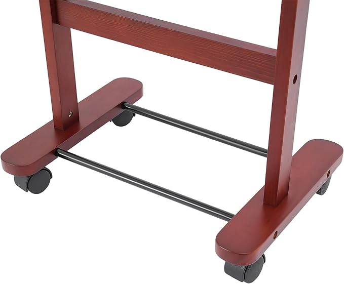 Valet Stand with Wheels and Top Tray, Wood Mens Suit Valet Stand with Shoe Shelf, Freestanding Clothes Valet Stand with Hanger, Storage Organizer for Entryway Office Living Room (B, Walnut Color)